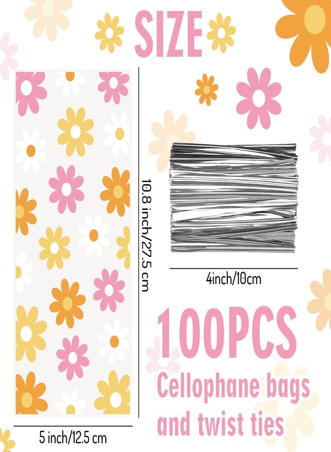 Whaline 100Pcs Groovy Daisy Cellophane Bags with Silver Twist Ties Retro Hippie Boho Party Treat Bag Colorful Flower Plastic Goodie Bags for Daisy Flower Birthday Baby Shower Wedding Party Favor - Image 2